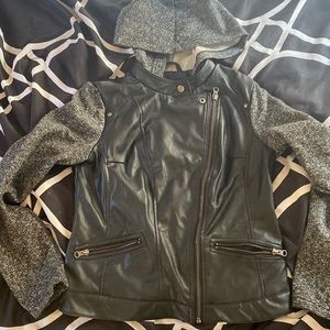 Black Faux leather jacket with grey cloth sleeves and hood